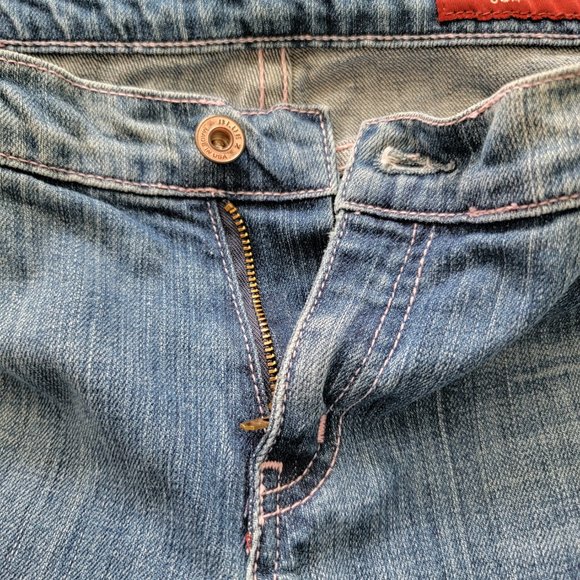 Blue 2 Medium Wash Pink Stitching Distressed Flare Denim Jeans - Picture 12 of 14